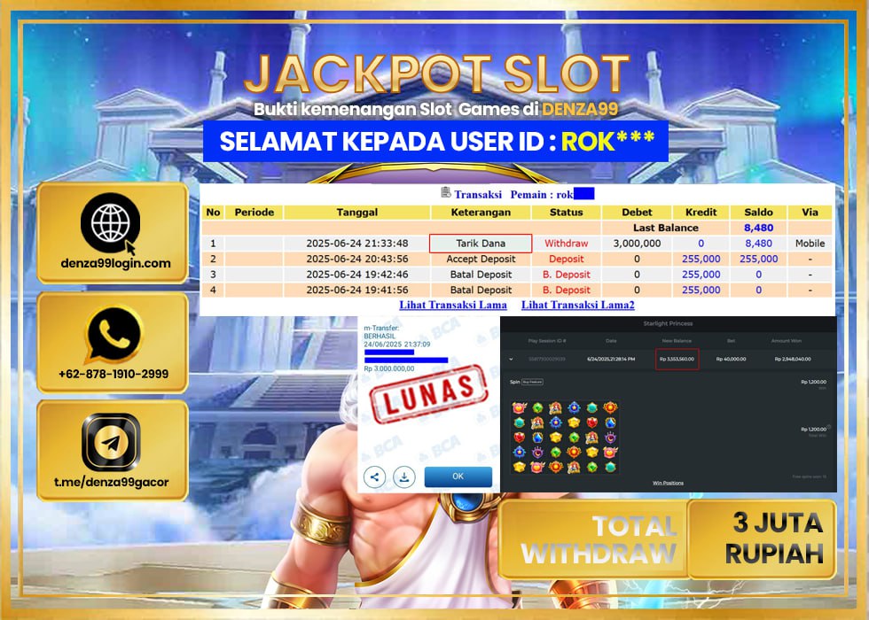 DENZA99 JACKPOT STARLIGHT PRINCESS Rp.3.000.000 - LUNAS