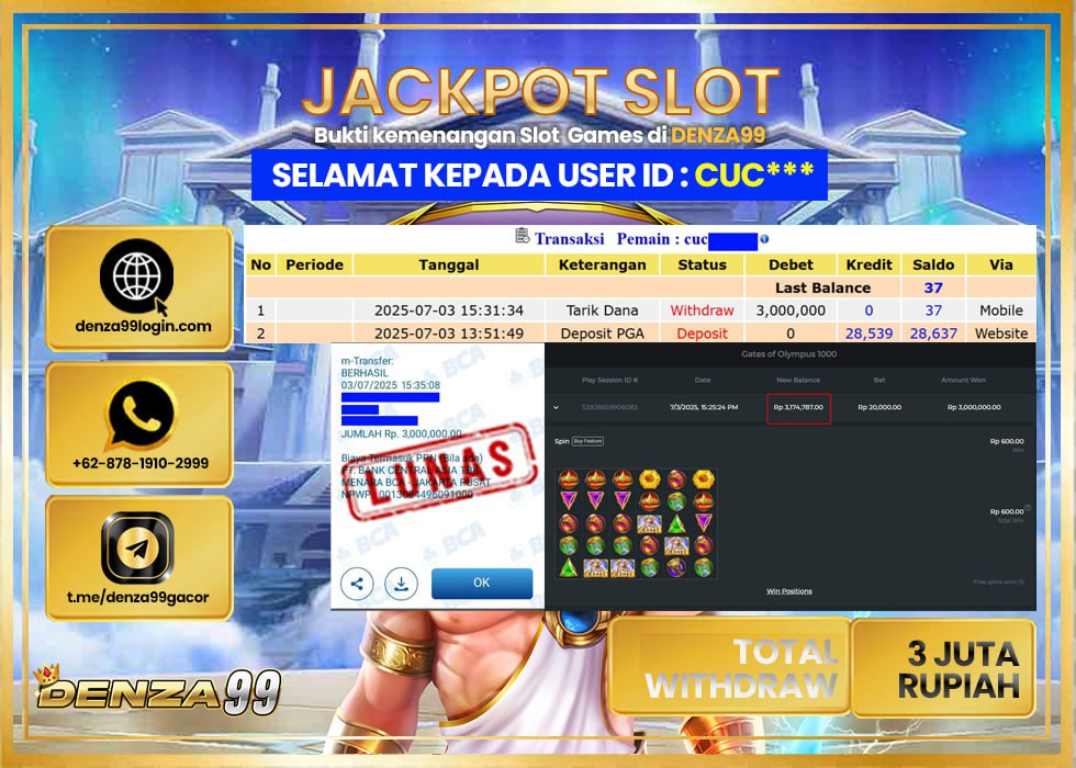 DENZA99 GATE OF OLYMPUS 1000 Rp. 3.000.000- LUNAS