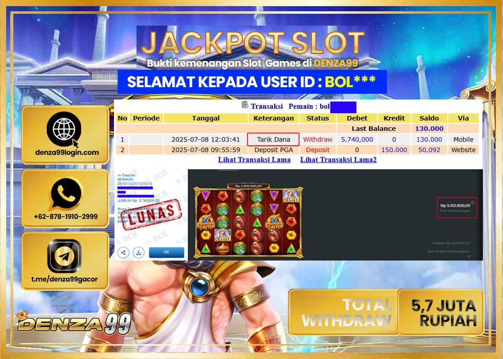 DENZA99 JACKPOT GATES OF OLYMPUSSUPER SCATTER Rp.5.700.000- LUNAS