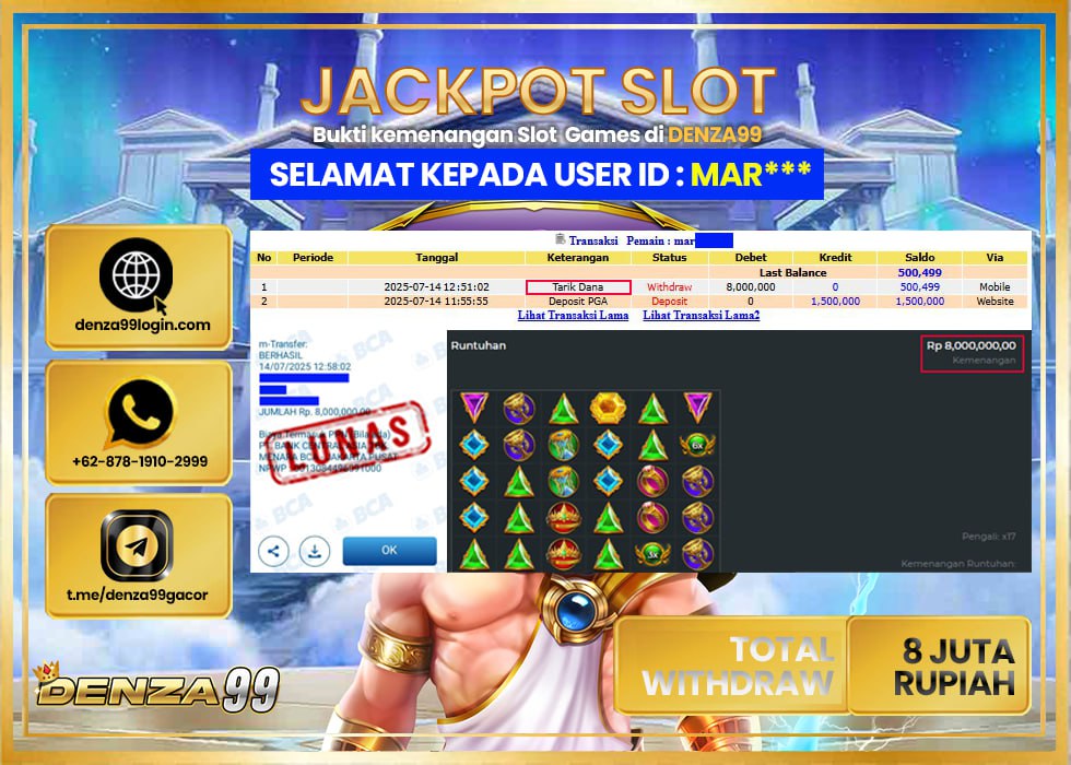 DENZA99 JACKPOT Gates of Olympus 1000  Rp.8,000,000.,- LUNAS
