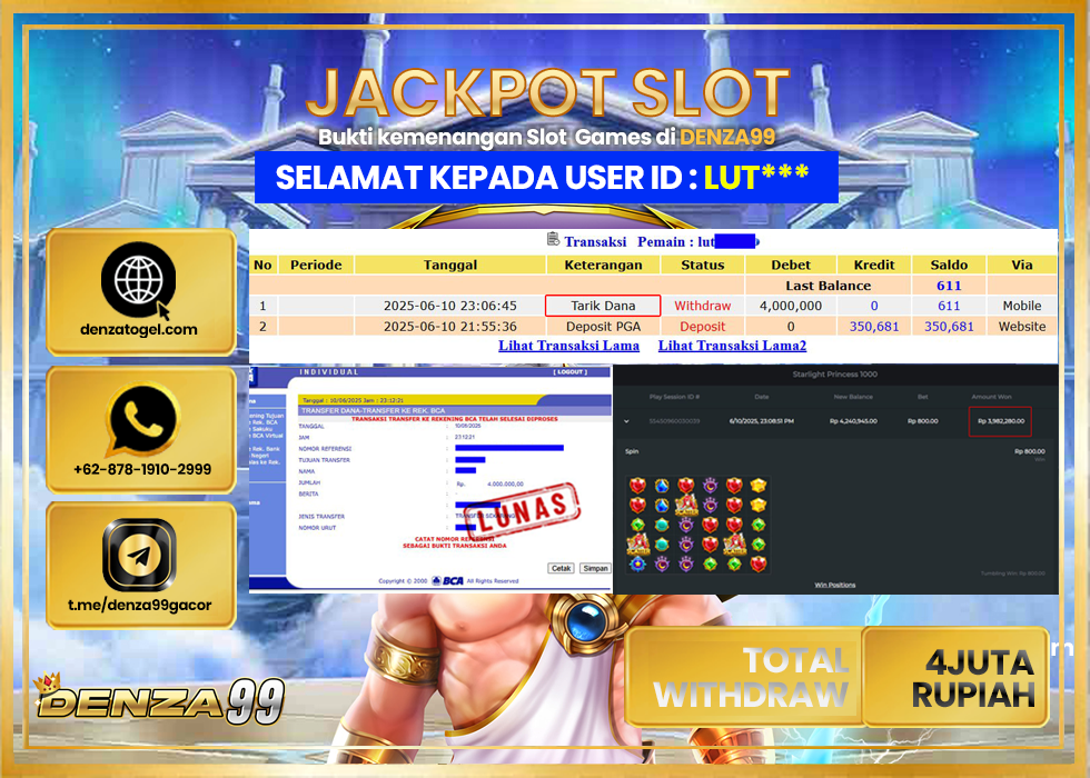 DENZA99 JACKPOT STARLIGHT PRINCESS 1000 Rp.4.000.000.,- LUNAS